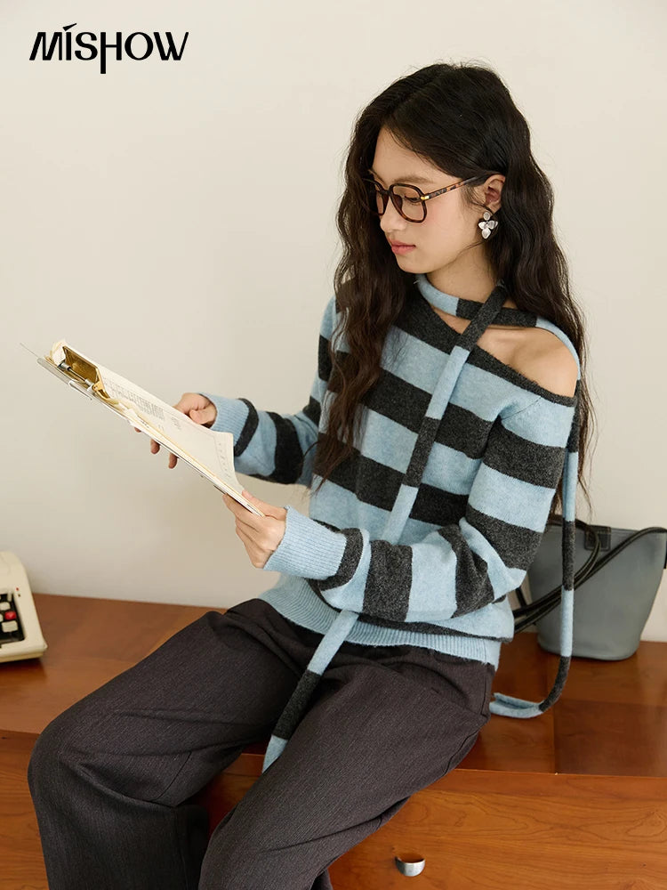 Mishow Blue Gray Slanted Shoulder Ribbon Sweater MXE46Z2540