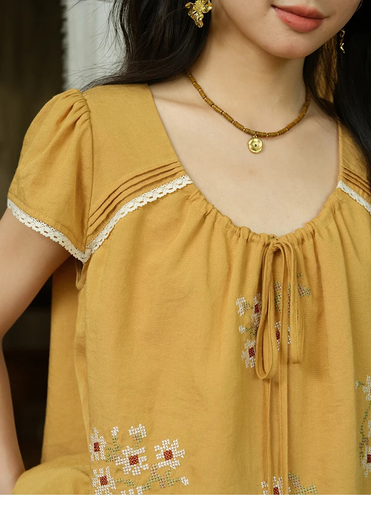 MISHOW Embroidery Flower Blouse O-Neck Lace Up Flying Sleeve MXE39X1880
