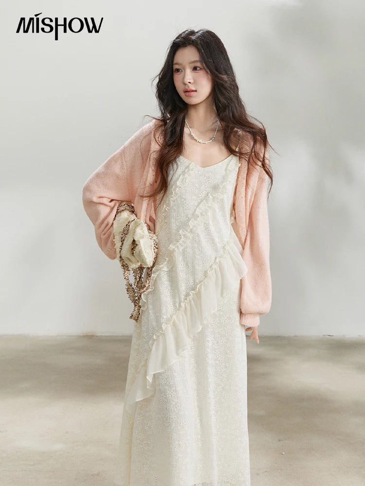 Mishow Cream Irregular Lace Ruffled Slip Dress MXF108L1005