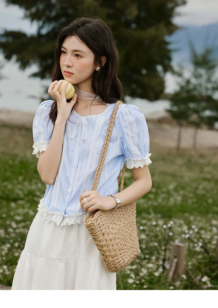 MISHOW Striped Blouse Short Puff Sleeve Lace Patchwork MXE32X1759