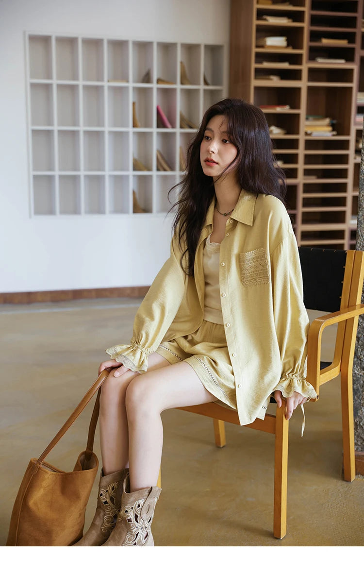 Mishow Yellow Linen Lace Shirt & Camisole & Shorts Three-Piece Set MXE42T0718