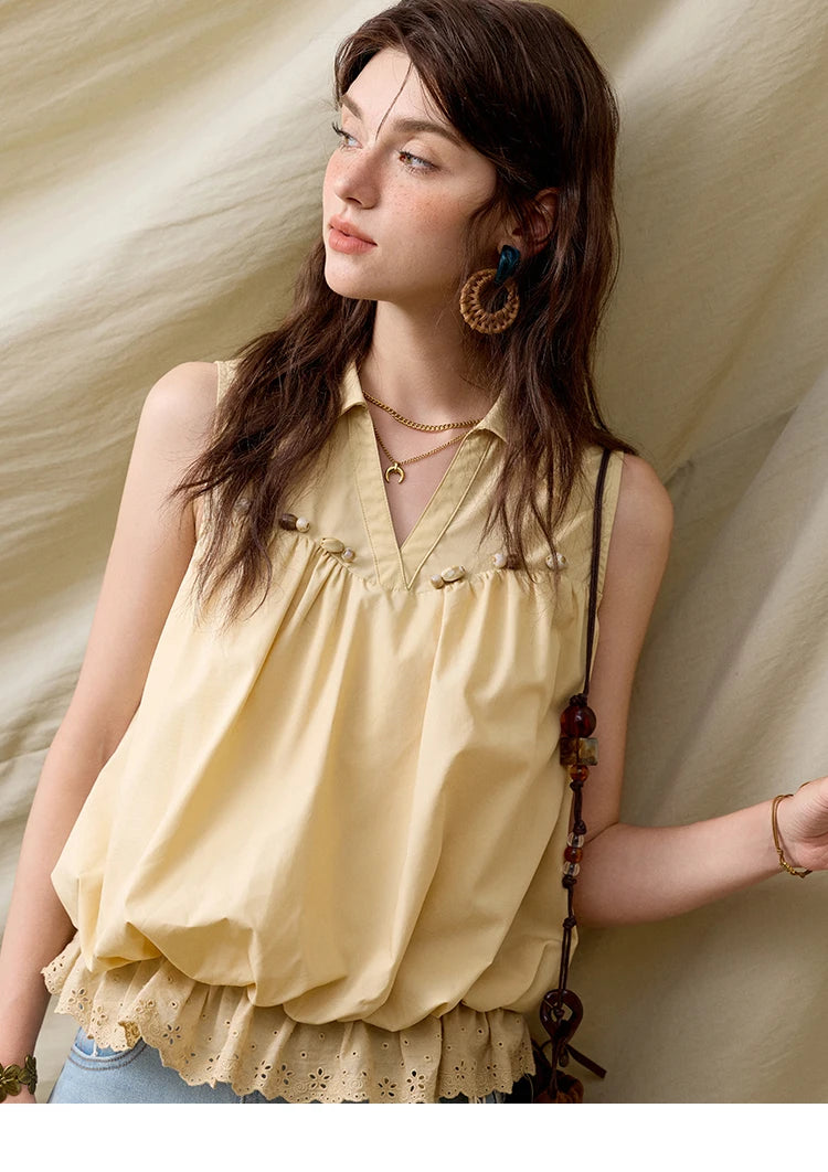 MISHOW Sleeveless Blouse Turn-Down Collar Hollow Lace MXE31X1760