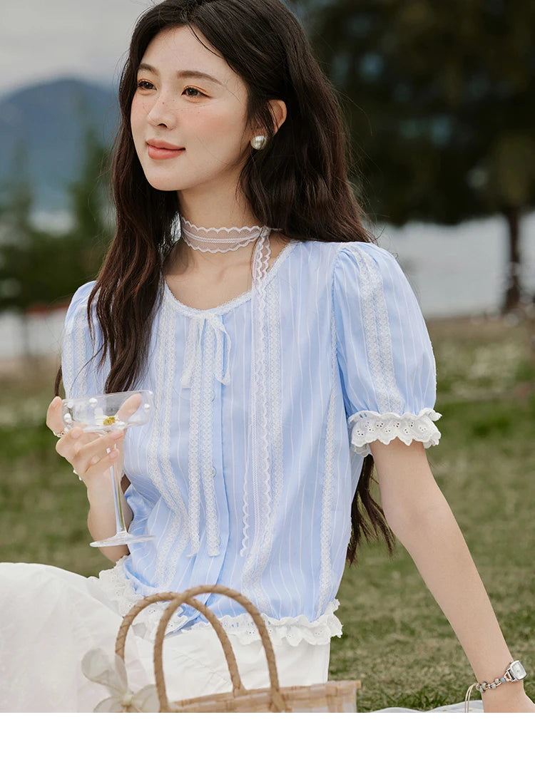 MISHOW Striped Blouse Short Puff Sleeve Lace Patchwork MXE32X1759