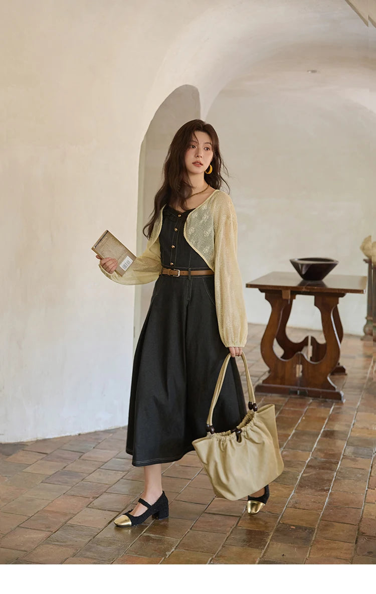 Mishow Lantern Sleeve Cardigan & Denim Strap Dress Set MXE41T0704