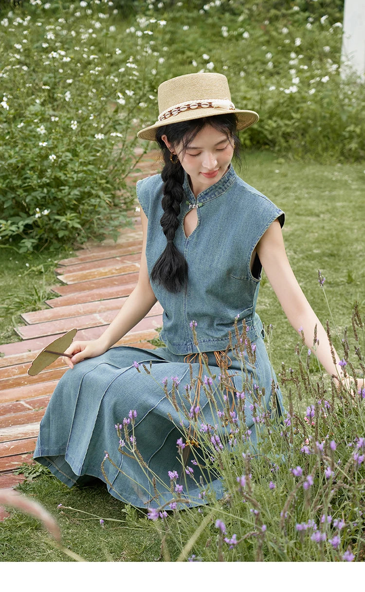 Mishow Chinese Stand Collar Vest & Pleated Denim Skirt Set MXD21X1465