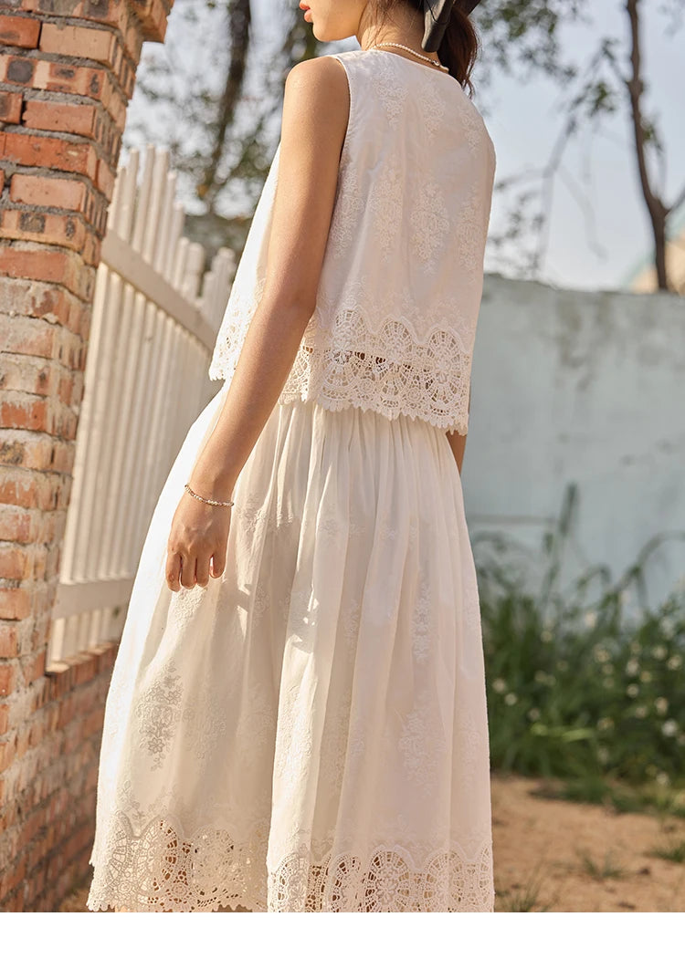 Mishow Embroidery V-Neck Lace Up Top & Elastic Waist Skirt Set MXE33T0593