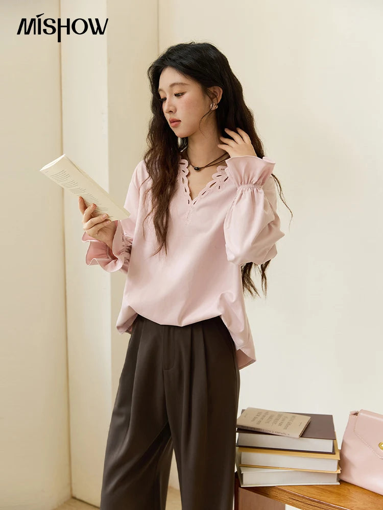 MISHOW French Style Hollow Out V-Neck Pink Blouse Long Sleeves MXE48X2502