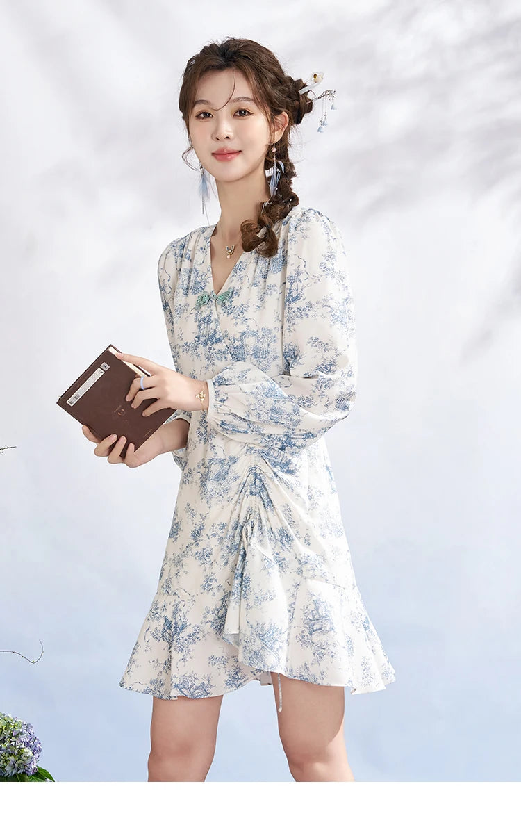MISHOW French V-Neck Blue Porcelain Print Dress MXD15L1673