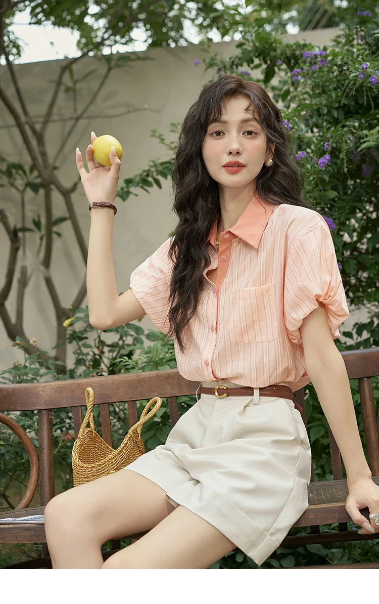 MISHOW Hong Kong Retro Pink Striped Shirt Bubble Sleeve Lapel MXD28C0250