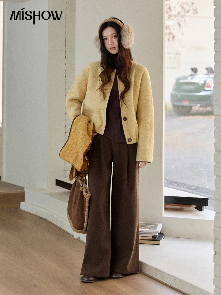 MISHOW Brown Wool Quilted Coat Round Neck Short Loose MXE87W0935