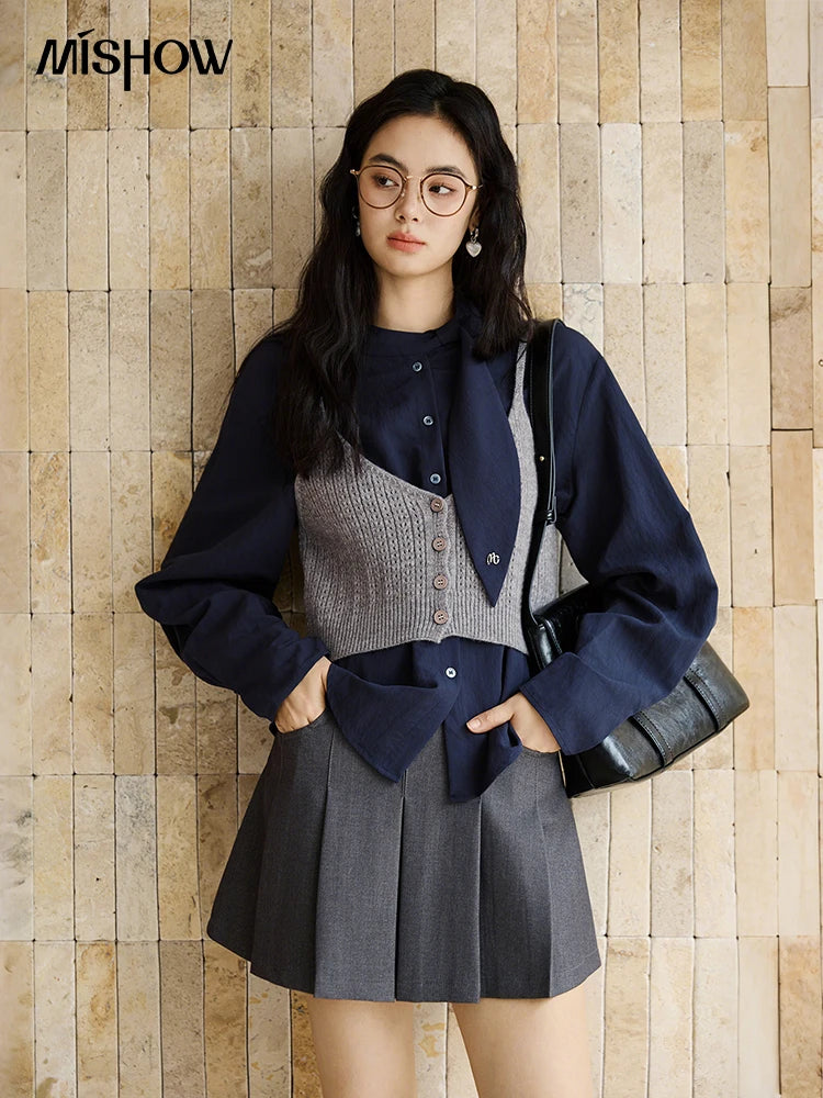MISHOW Navy Ribbon Layered Shirt Knit Camisole Two-Piece Set MXE47T1412