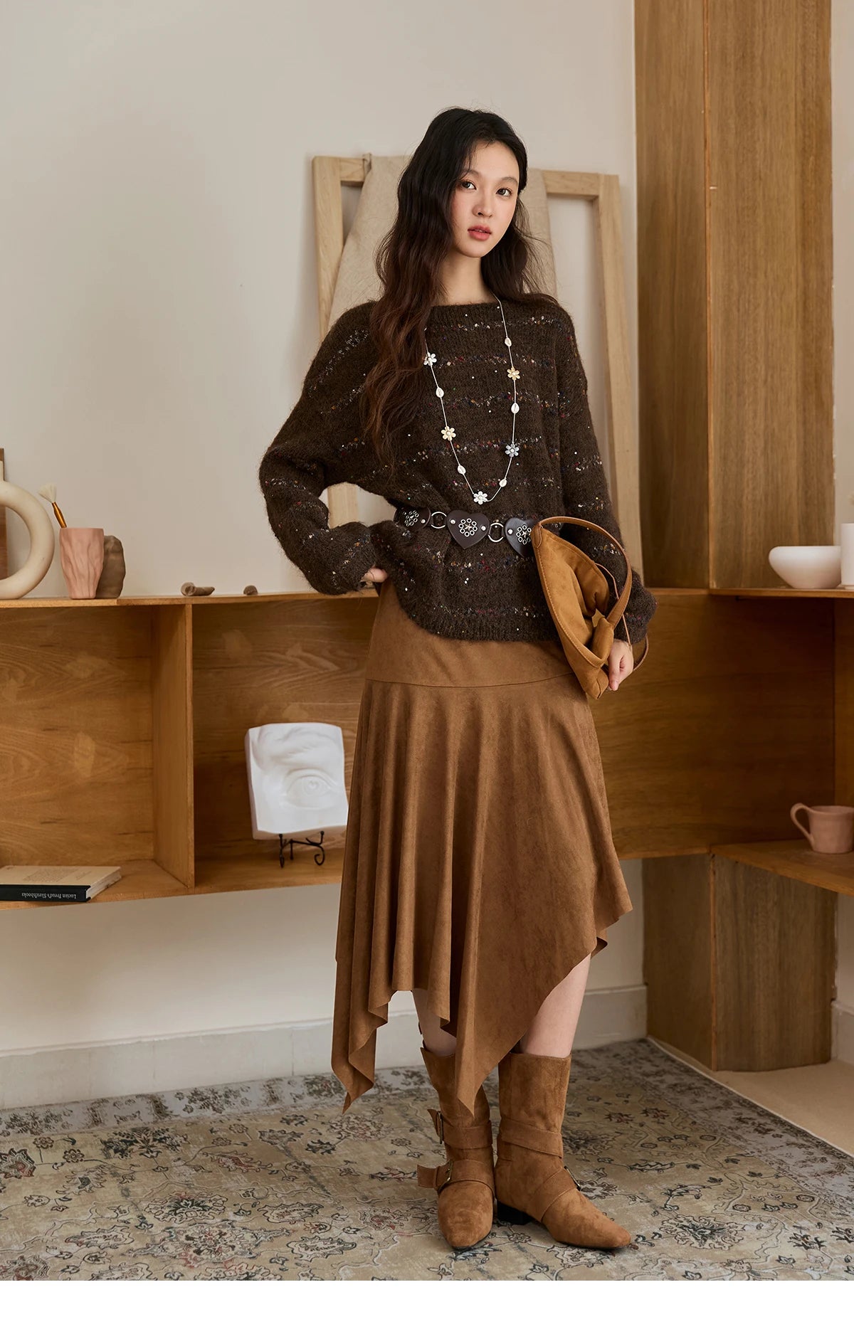 Mishow Brown Chrysanthemum Yarn Round Neck Sweater MXE47Z2574