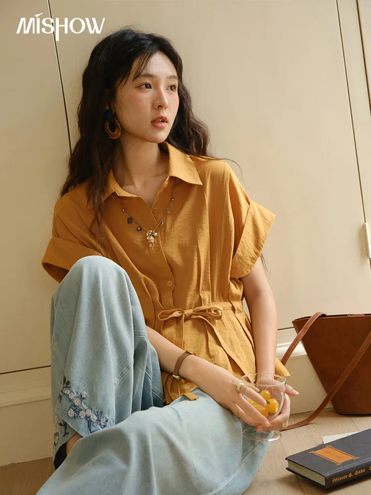 MISHOW Orange Lace Up Button Shirt Turn-Down Collar MXE37C0809