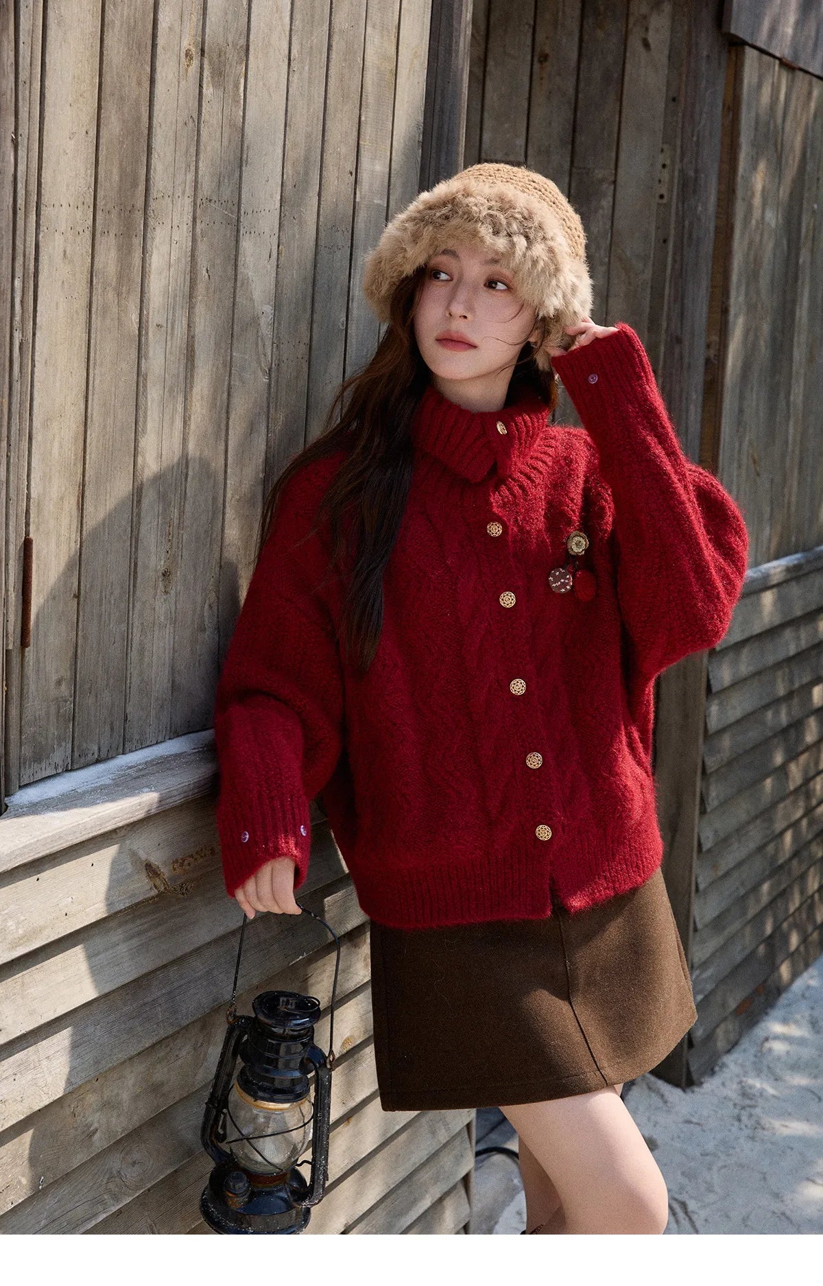 Mishow Red Cable Knit Stand Collar Cardigan MXE92Z2827