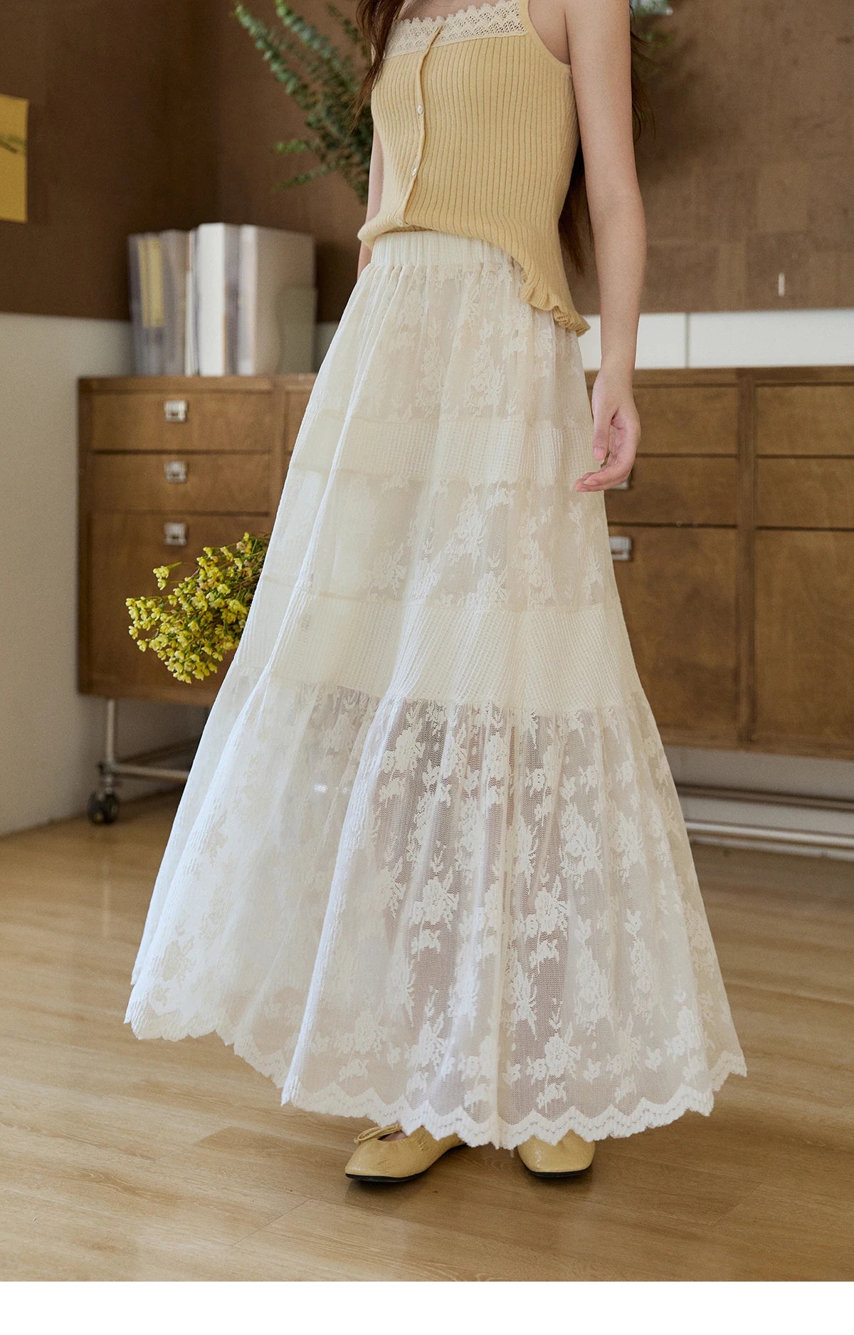 MISHOW Cream Lace Maxi Skirt Floral Embroidery Tiered Ruffled MXF11B2462