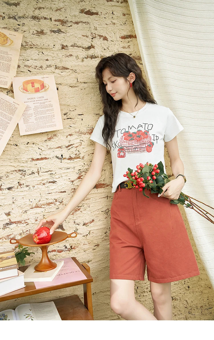 MISHOW Red Casual Shorts High Waist Loose Straight Leg Pockets MXD25K0679