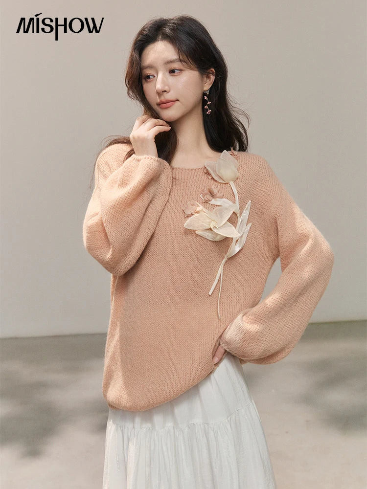 Mishow Pinkish Beige 3D Floral Applique Crew Neck Sweater MXE47Z2649