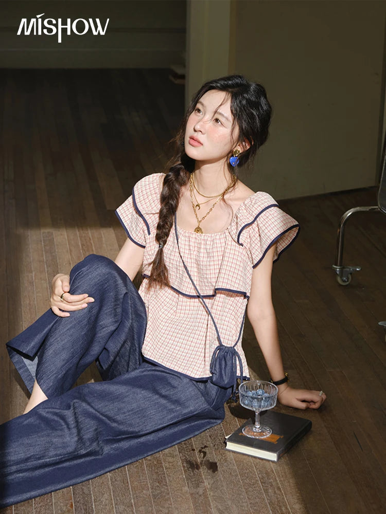 Mishow Square Neck Ruffles Plaid Blouse & High Waist Wide Leg Pants Set MXE36T0636