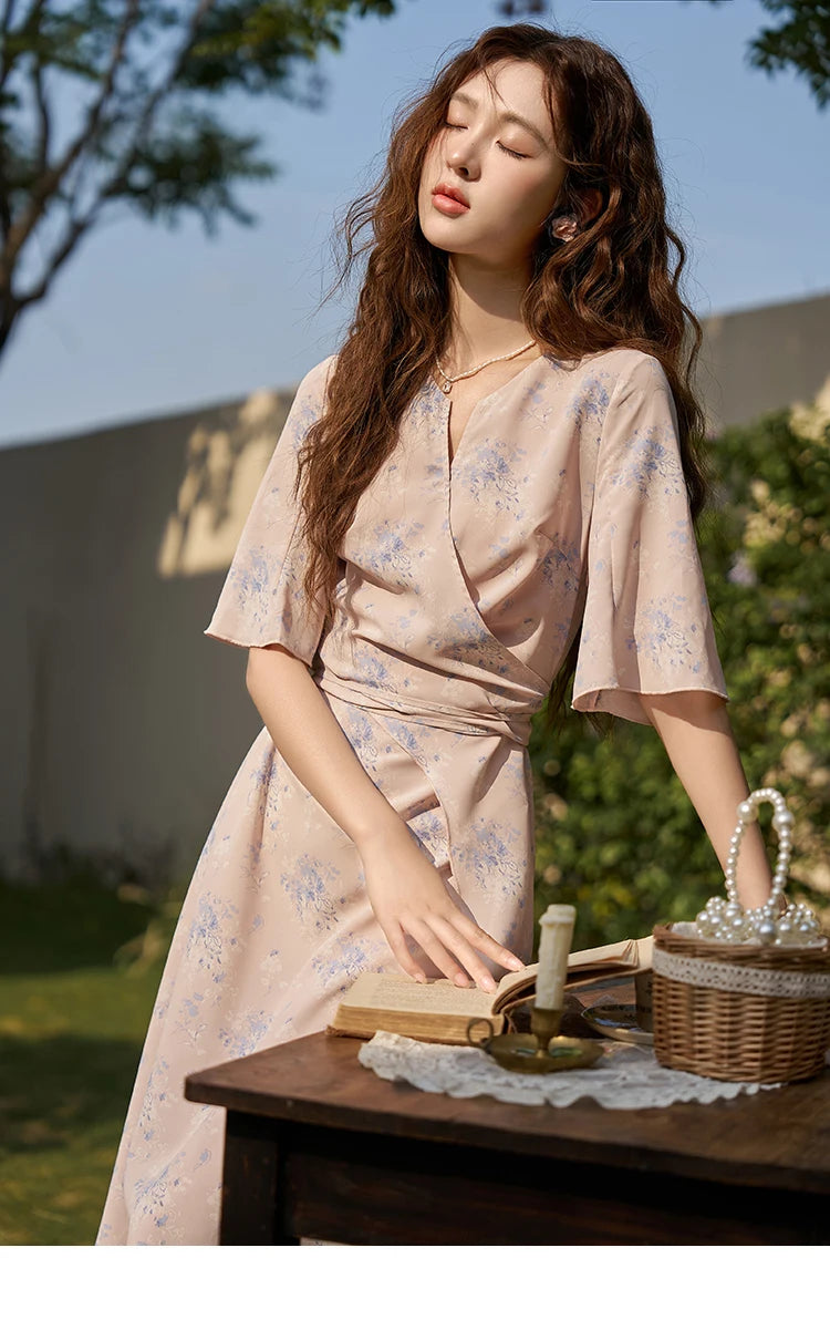 Mishow French Floral Puff Sleeve Lace-Up Dress MXC38L1413