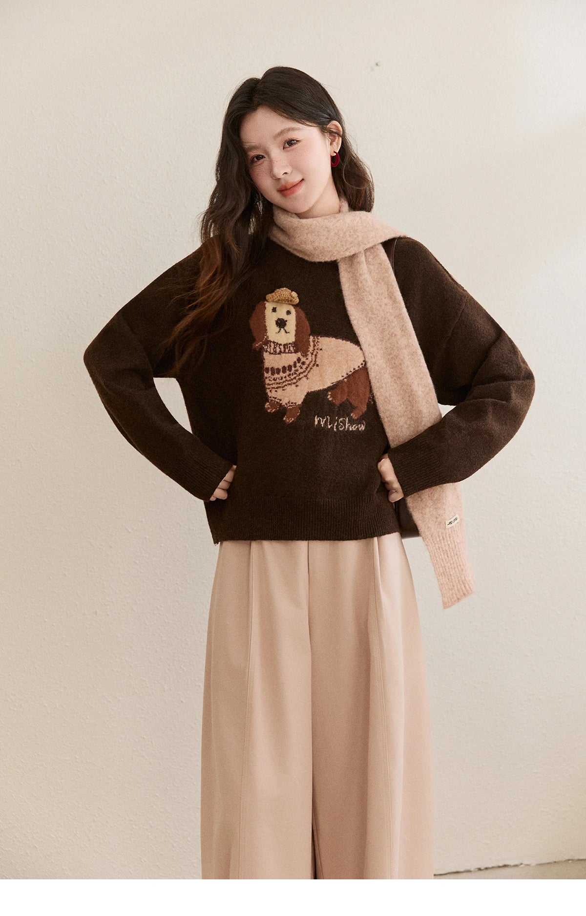 Mishow French Crew Neck Dog Jacquard Pullover MXE94Z2890