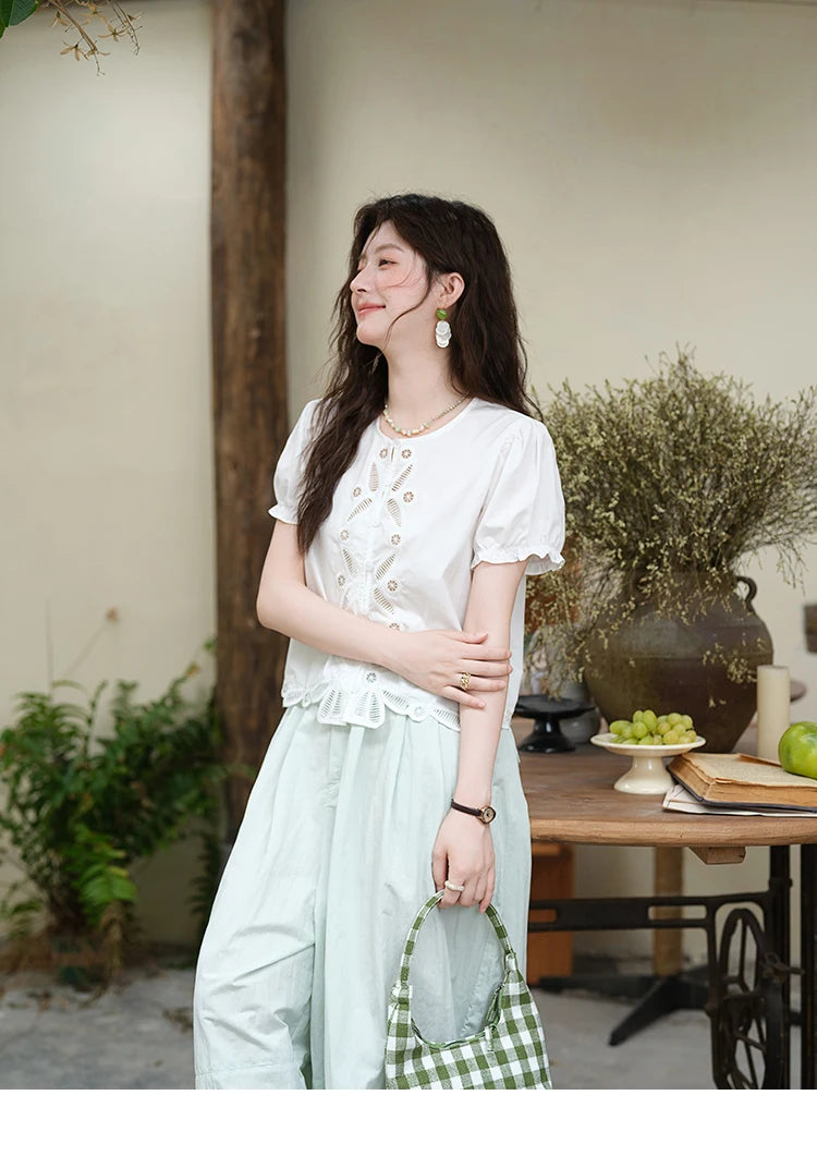 MISHOW 100% Cotton Hollow Embroidery Round Neck Puff Sleeve MXE39X1938