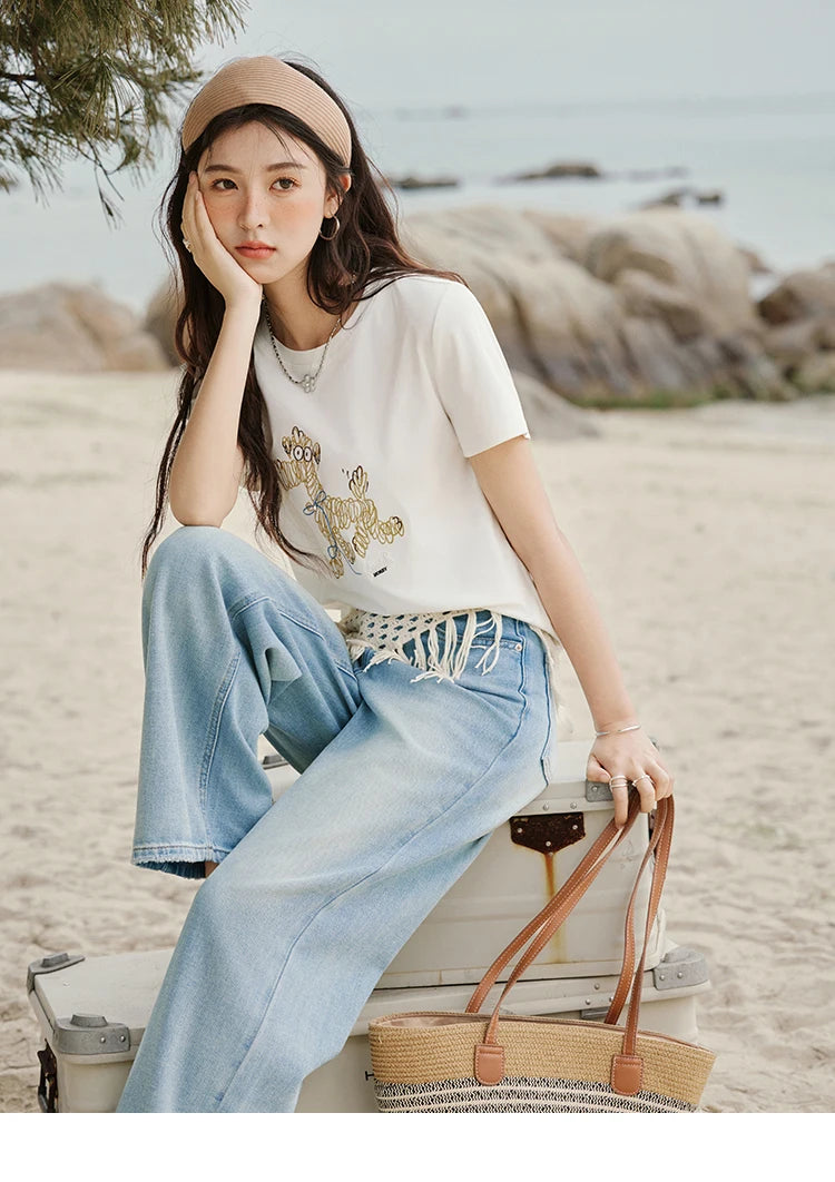 Mishow Cartoon Print Loose Embroidery Tee MXE31T0550