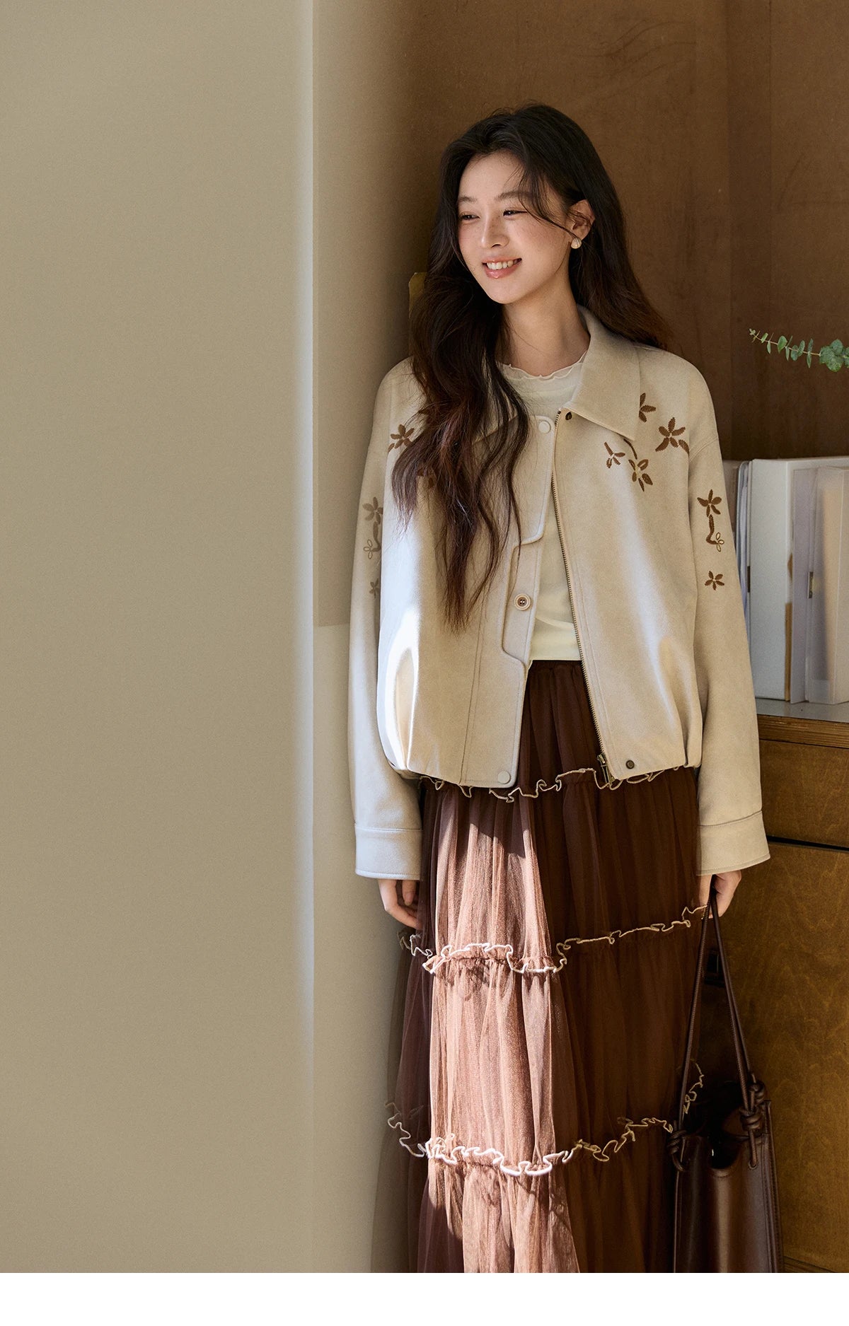 MISHOW Imitation Suede Jacket Floral Embroidery Lapel Zipper MXF11W1027