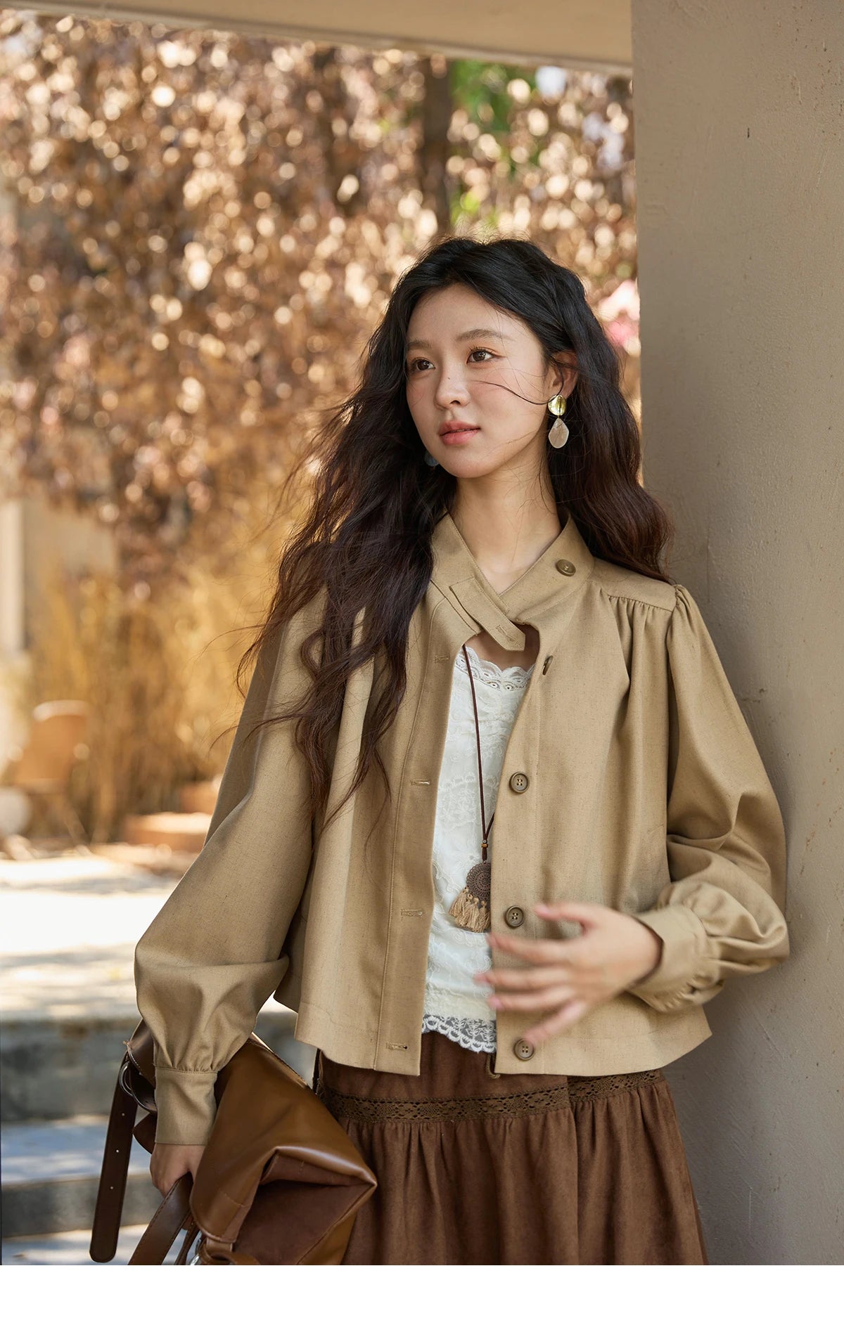 Mishow British Light Brown Stand Collar Trench MXE43W0802
