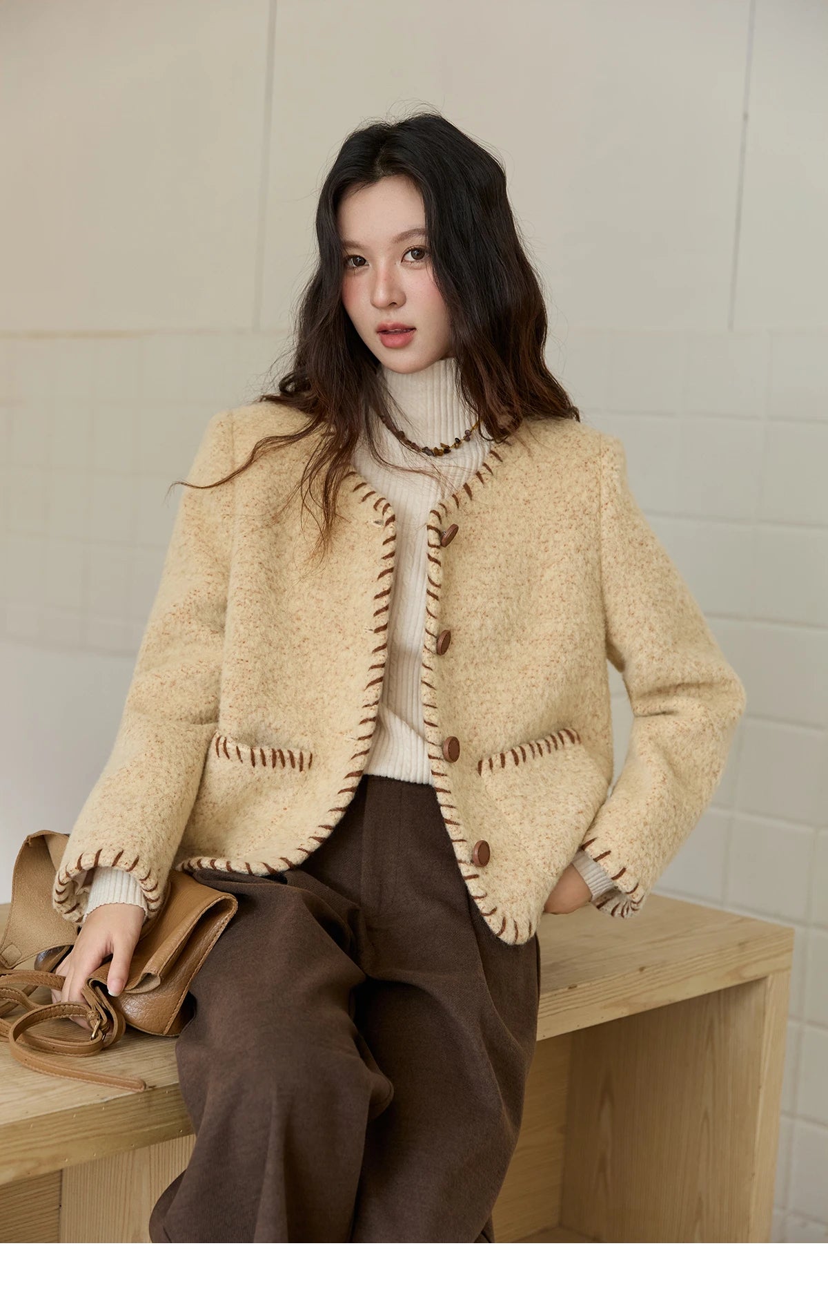 Mishow Apricot Round Neck Wool Blend Coat MXE88W0885