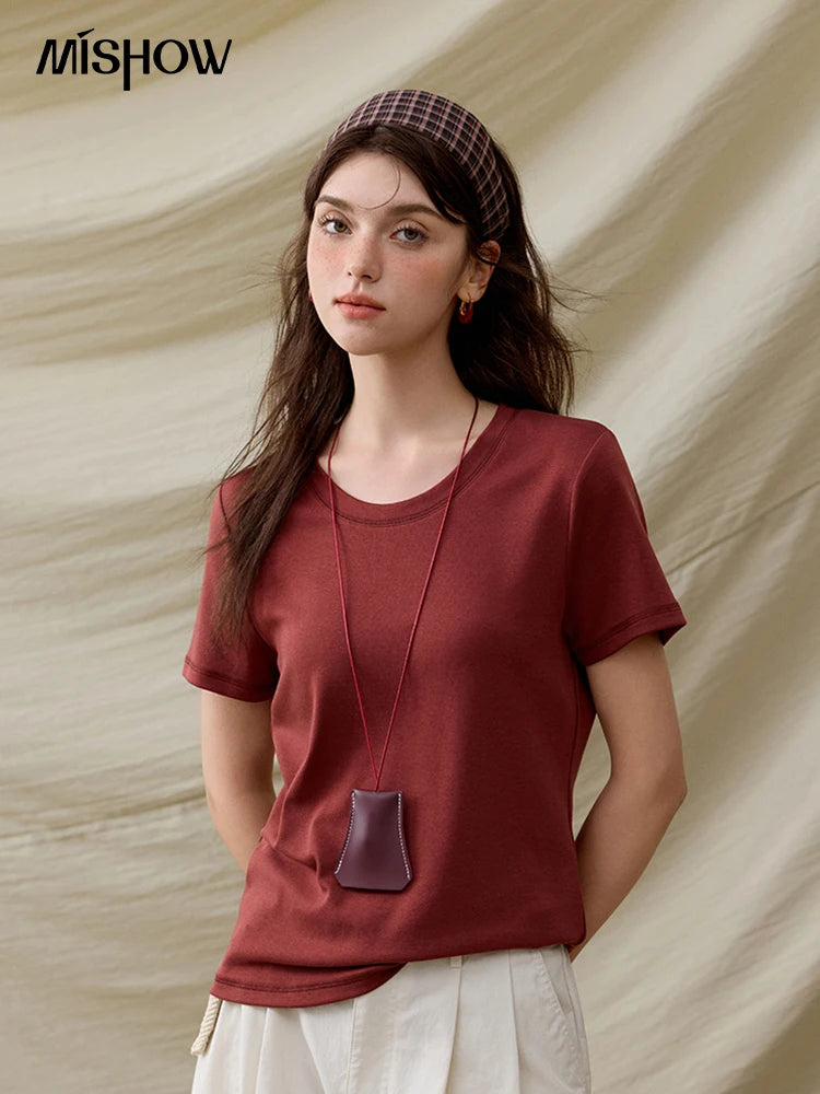 Mishow Solid Straight Shoulder Lace Trim Tee MXE31T0532