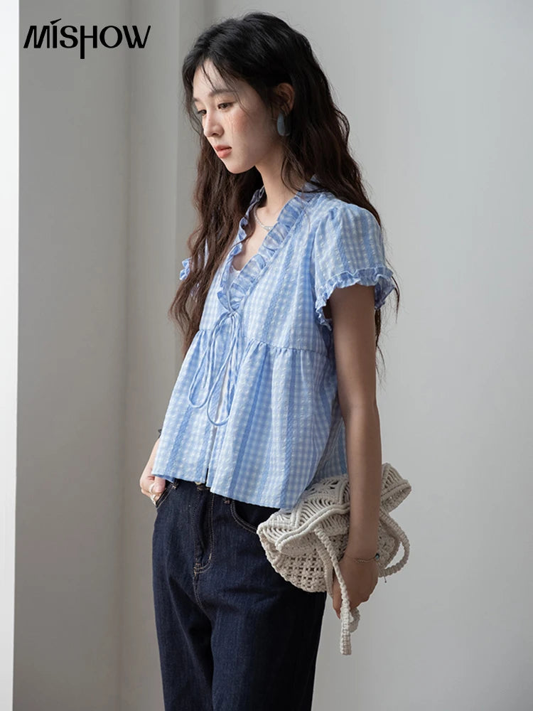 MISHOW Plaid Blue Fake Two Piece Blouse Puff Sleeve V-Neck Lace Up MXE37X1901