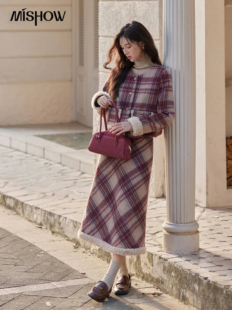 Mishow Plaid Tweed Jacket & Midi Skirt Set MXD54W0562