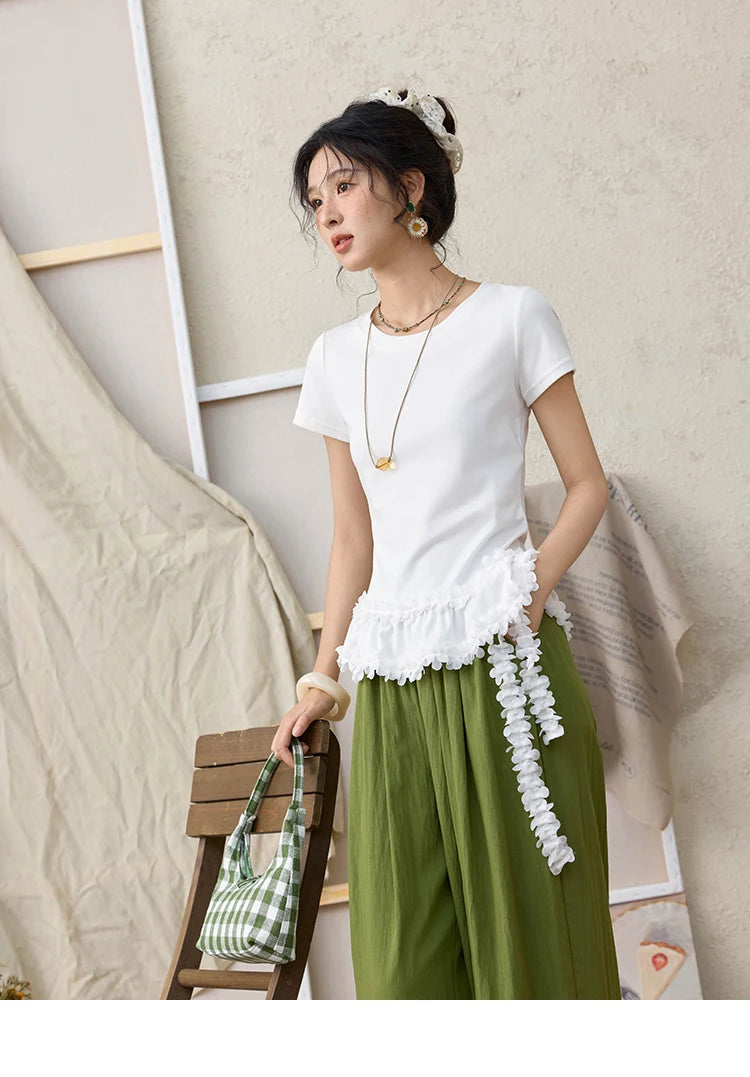 Mishow White Ruffled Tee with Red Lanyard Necklace MXE34T0557