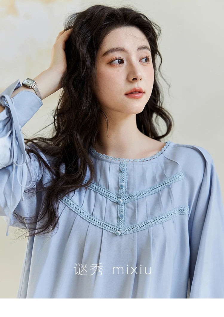 MISHOW Blue Lace Patchwork Shirt Wave Edge Lantern Sleeve MXE14X1716