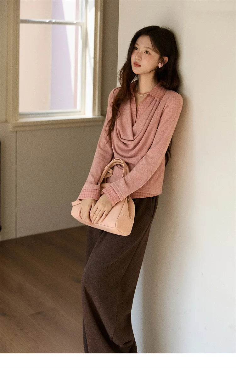 Mishow Pink Faux Two-Piece Plaid Draped Collar Pullover MXE87Z2747