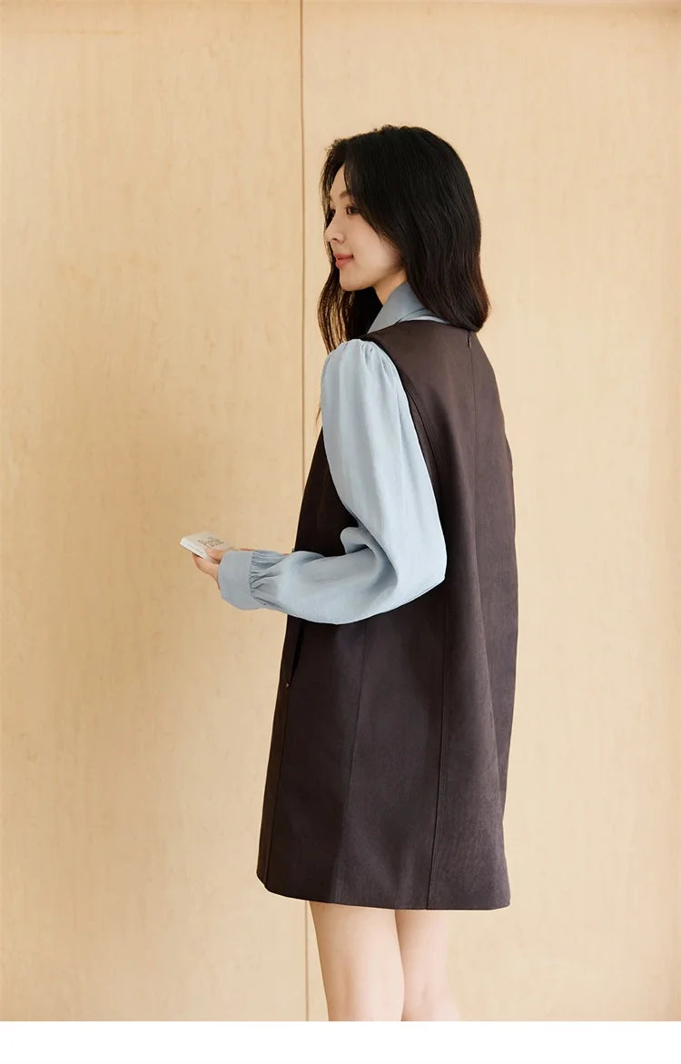 Mishow Light Blue Shirt & Brown Vest Skirt Suit MXE47T1408