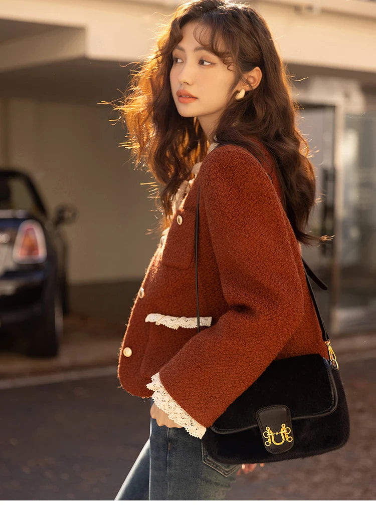 MISHOW Wool Coat Lace Splicing Lamb Wool Button Pockets MXB43W0720