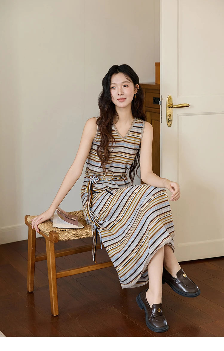 Mishow Striped V-Neck Tied Waist Long Dress MXE46L2521