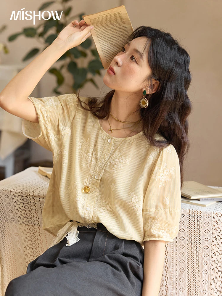 MISHOW French Retro Embroidered Floral Blouse Round Neck Puff Sleeve MXE36X1874