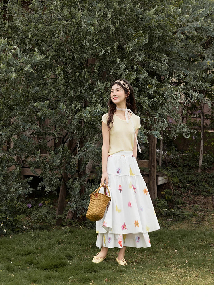 MISHOW White Background Flower Cotton Skirt High Waist A-LINE MXE32B0720