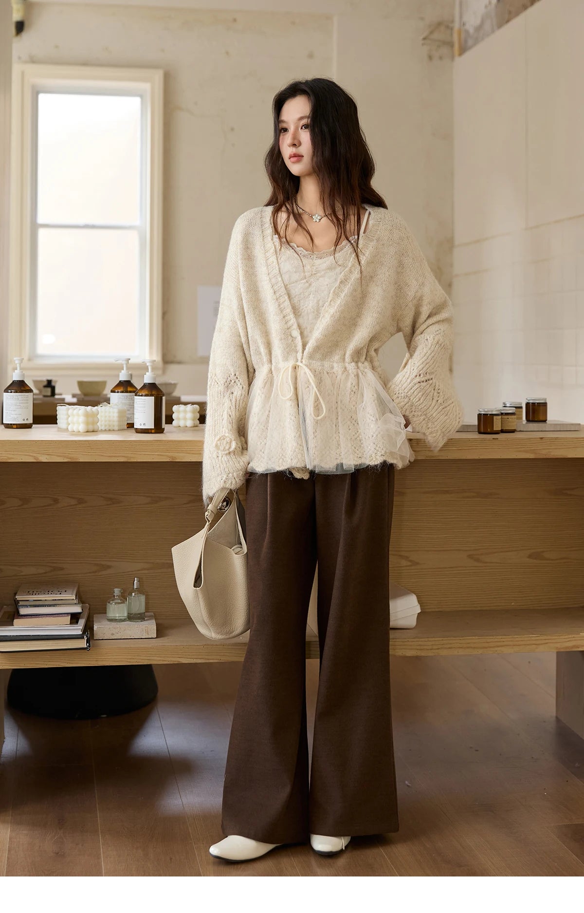Mishow Apricot Mesh Flower Drawstring Cardigan MXE88Z2707