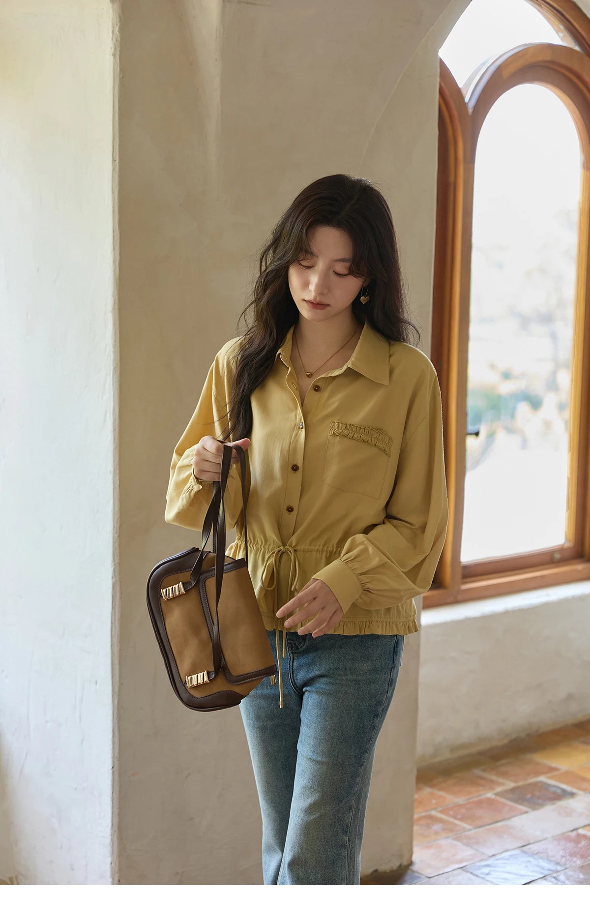 MISHOW Yellow Drawstring Waist Shirt Lapel Lantern Sleeve MXE42C2368
