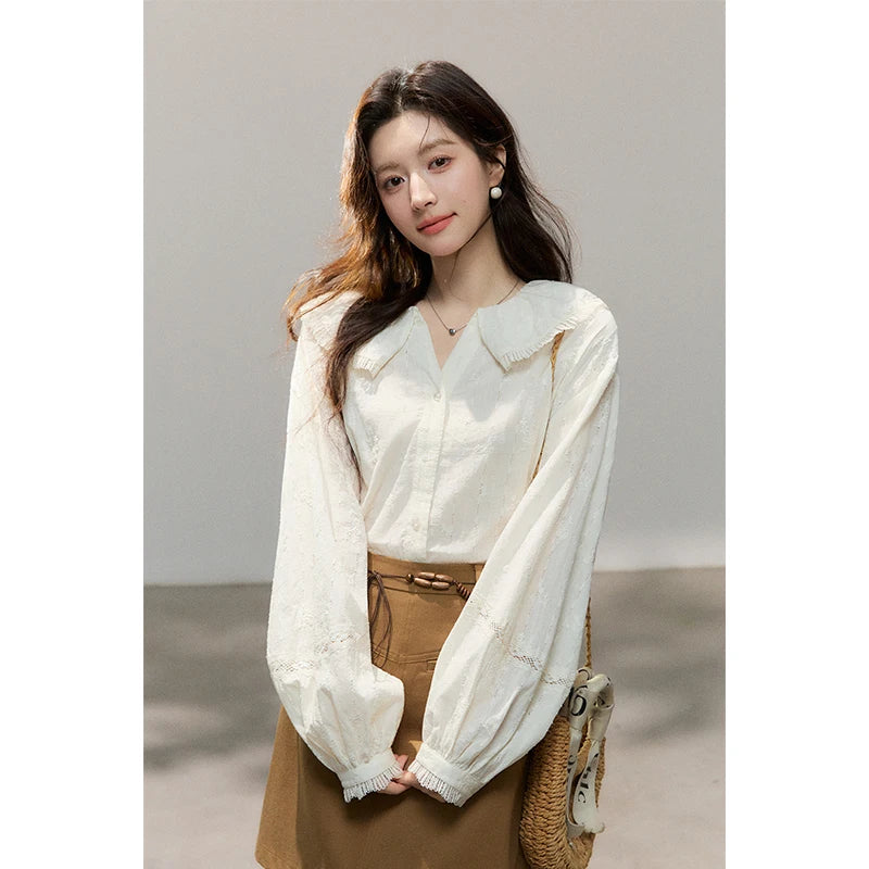 MISHOW Beige Lace Shirt Peter Pan Collar Micro Lantern Sleeve MXF108C0813