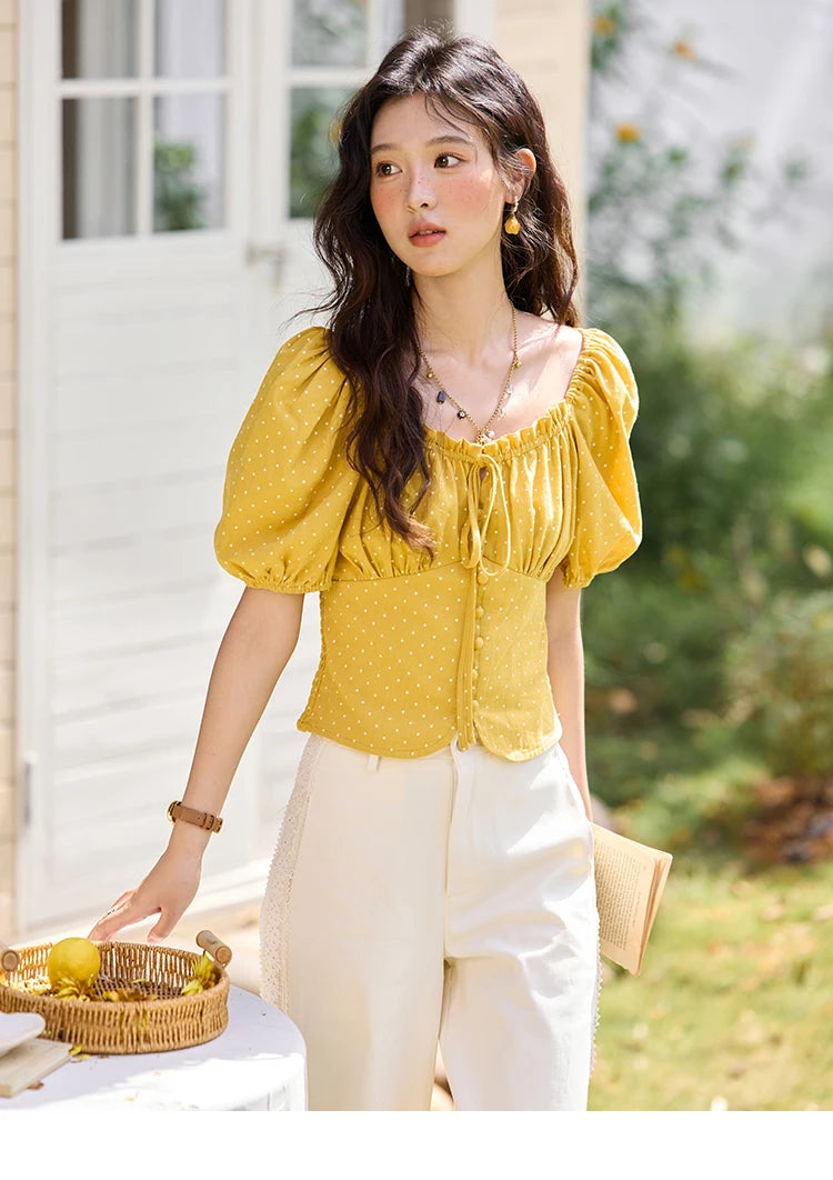 MISHOW Yellow Polka Dot One Shoulder Blouse Back Elastic Lace-Up MXE35X1840
