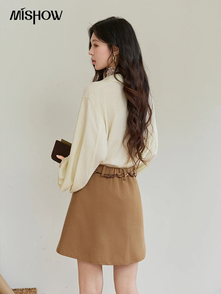 MISHOW Lapel Lantern Sleeve Shirt Lace Trim Loose MXF13C2436