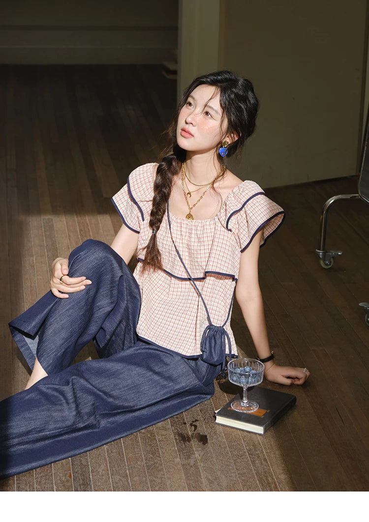 Mishow Square Neck Ruffles Plaid Blouse & High Waist Wide Leg Pants Set MXE36T0636