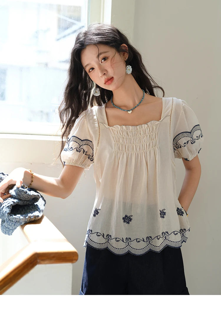 MISHOW Square Neck Puff Sleeve Blouse Flower Embroidery Hollow MXE39X1953