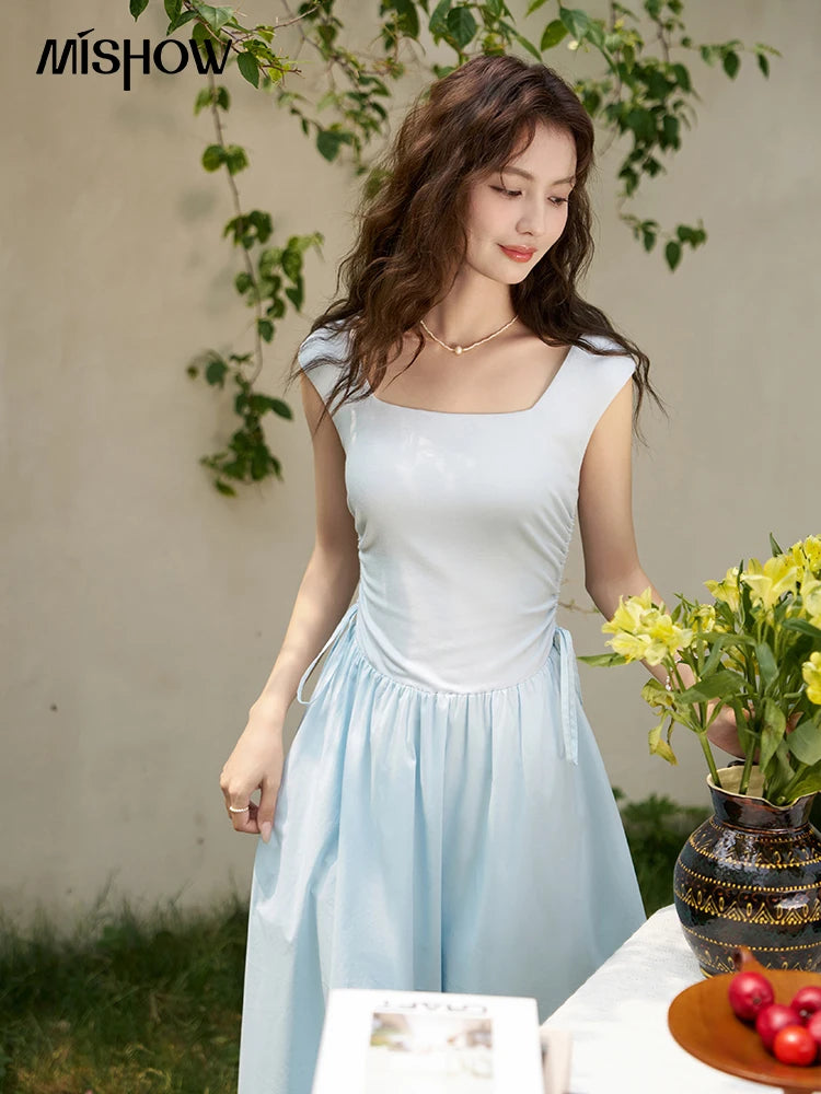 Mishow Square Neck Patchwork Side Drawstring Dress MXD23L1818