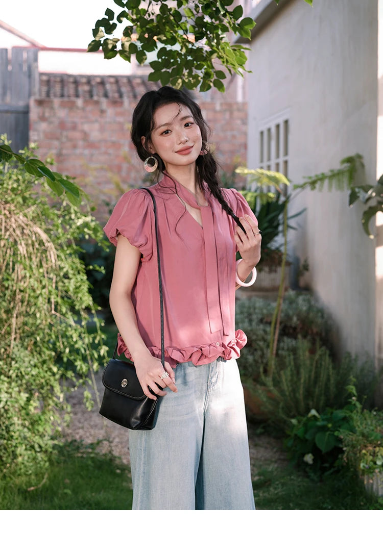 MISHOW V-Neck Puff Sleeve Blouse Lace Up Button Sweet MXE38X1914
