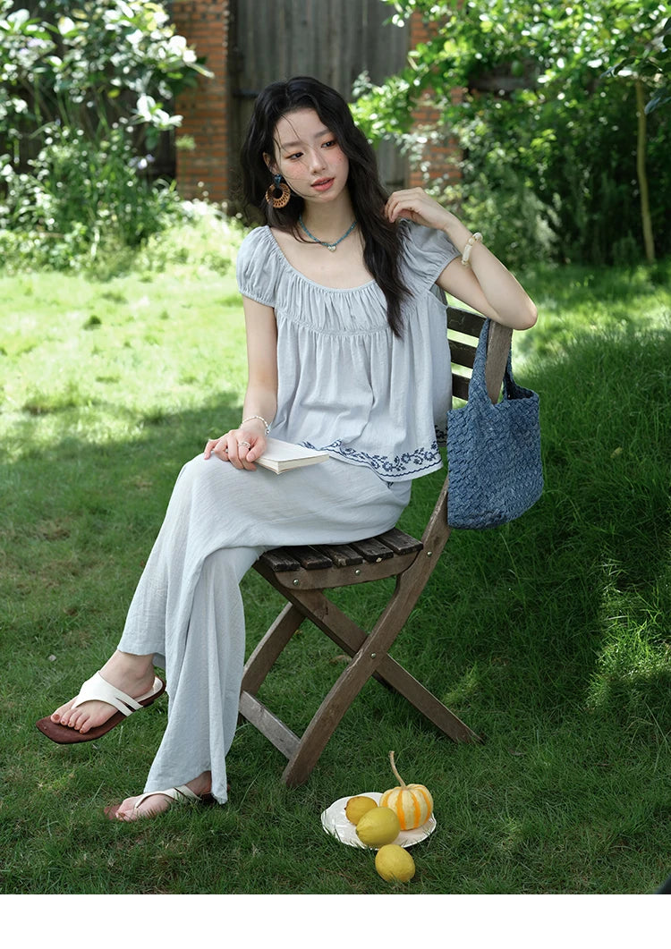 Mishow Embroidery Flower Round Neck Blouse & Pocket Wide Leg Pants Set MXE39T0669